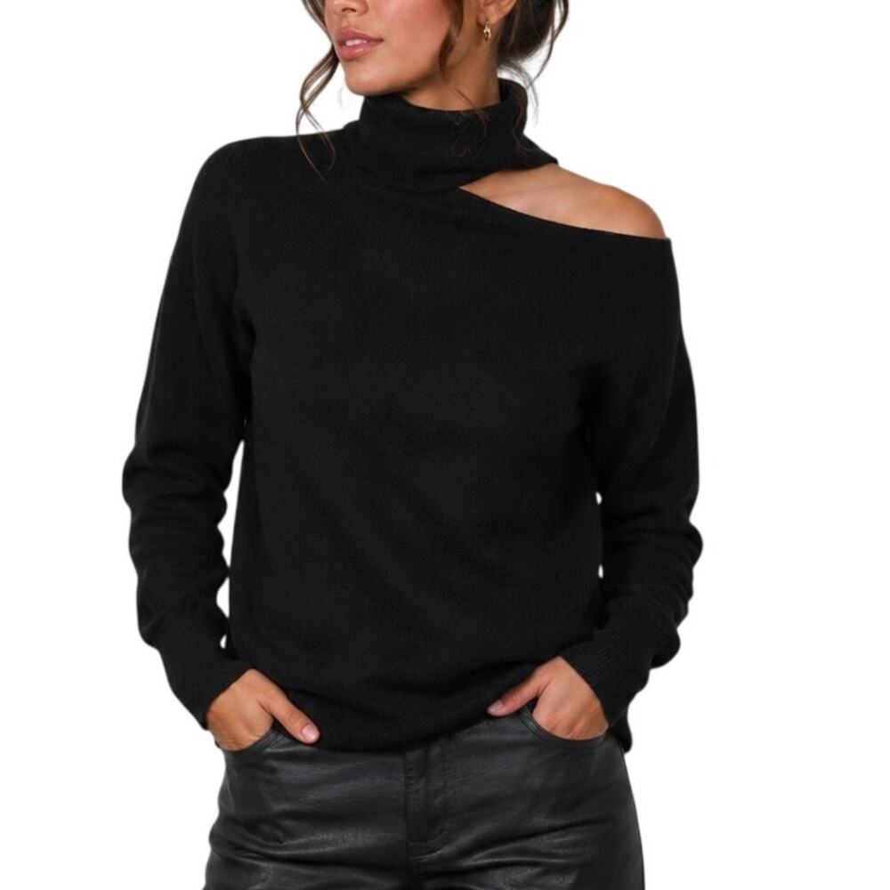 525 America Open Shoulder Cutout Turtleneck Sweater XS Black Edgy Statement